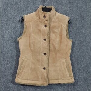 Eddie Bauer Vest Womens XS Brown Seattle Suede‎ Faux Fur Lined Genuine Leather